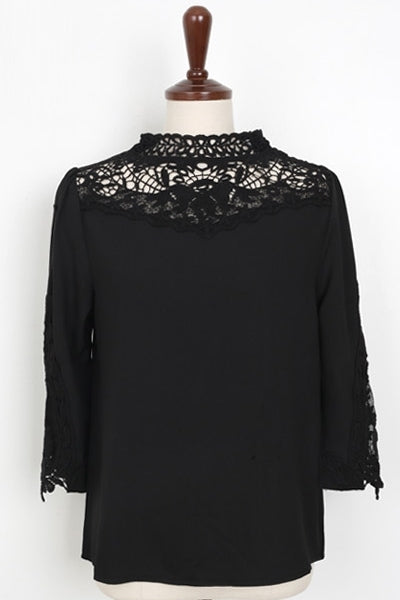 Black Floral Embroidery Lace Evening Blouses