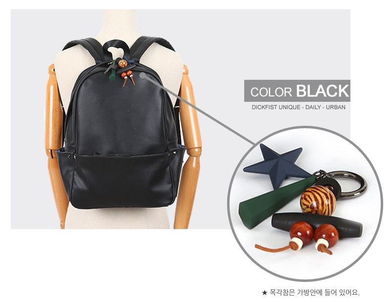 Black Cute Wood Carving Charm Faux Leather School Backpacks