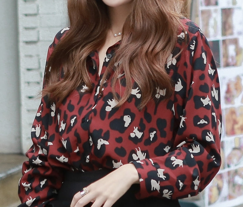 Burgundy Red Leopard Print Button-Down Shirts Blouses