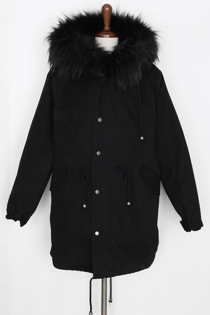 Black Hooded Fur Military Parka Coats