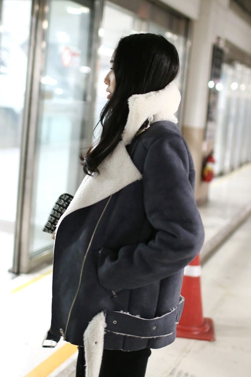 Gray Asymmetric Faux Shearling Motorcycle Biker Jackets