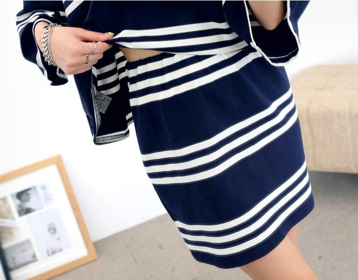 Navy Blue Stripes Pattern Top Skirt Sets Dresses