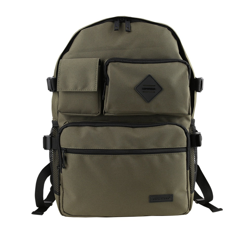 Greenish grey multi-pocket backpack