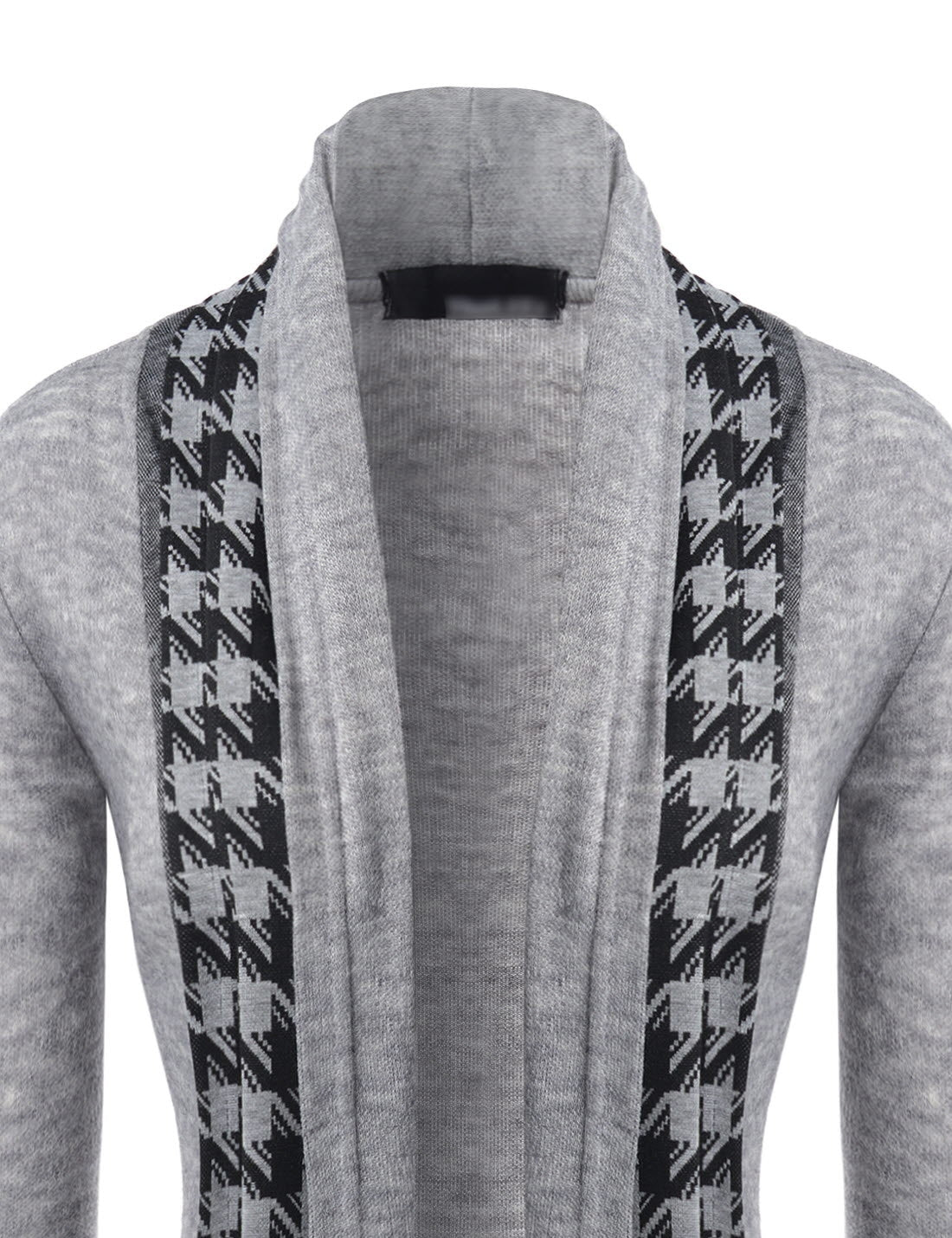 Heather Gray Houndstooth Shawl Collar Knitted Open Cardigans
