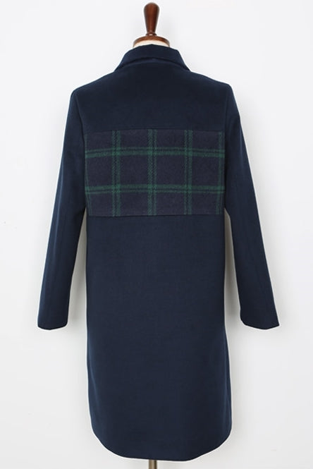 Navy Blue Tartan Plaids Panel Double Breasted Coats