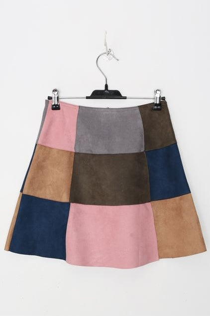 Multi Colored Patchwork Suede Mini Skirts