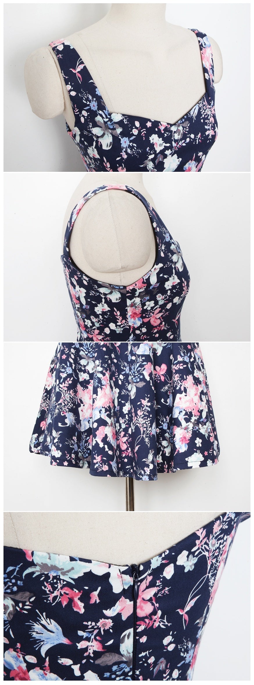 Navy Blue Floral A-line Girlish Sleeveless Dresses