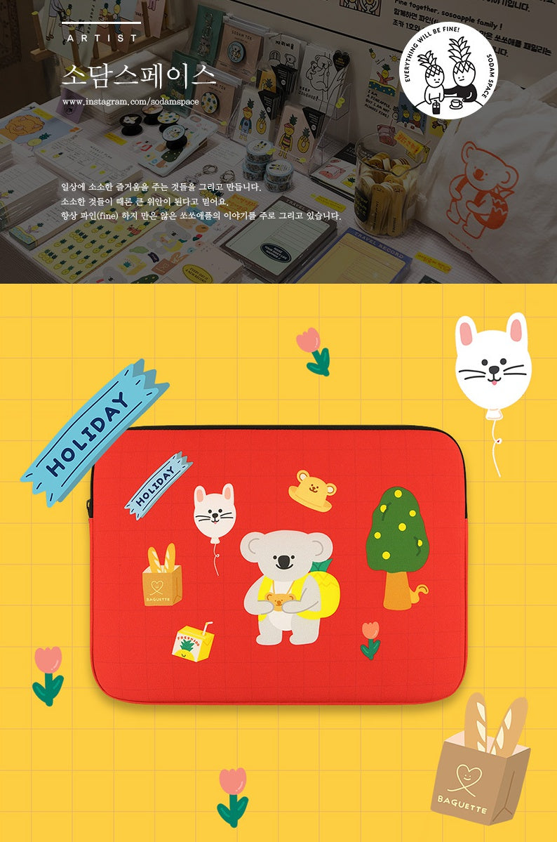 Red Picnic Koala Graphic Laptop Sleeves iPad 11" 13" 15"inch Fitted Cases Pouches Protective Covers Purses Handbags Square Cushion Designer School Collage Office Lightweight