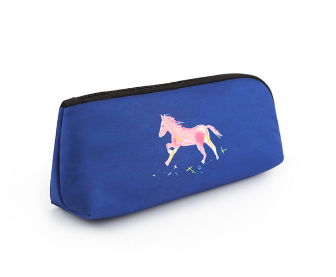 Blue Horse Graphic Pencil Cases Stationery Zipper School Pouches Bags