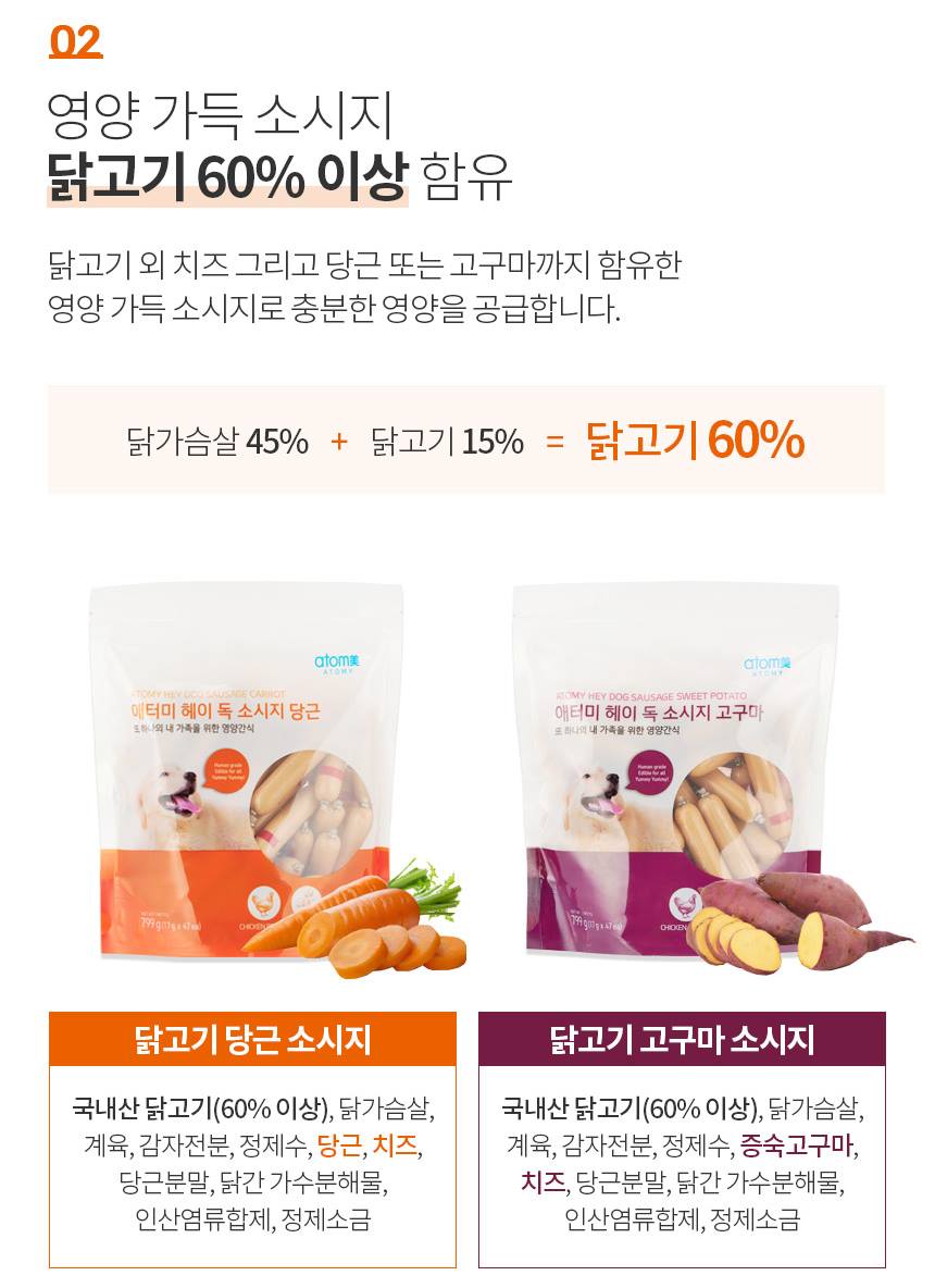 ATOMY Hey Dogs Sausage Two Flavors Pets Puppy snacks foods chicken Sweet potatoes carrots Protein