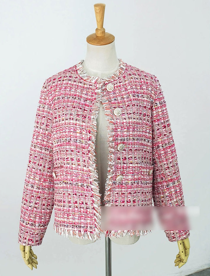 Pink Tweed Jackets Kpop Style Hyuna Celebrity Style Plaids Collarless