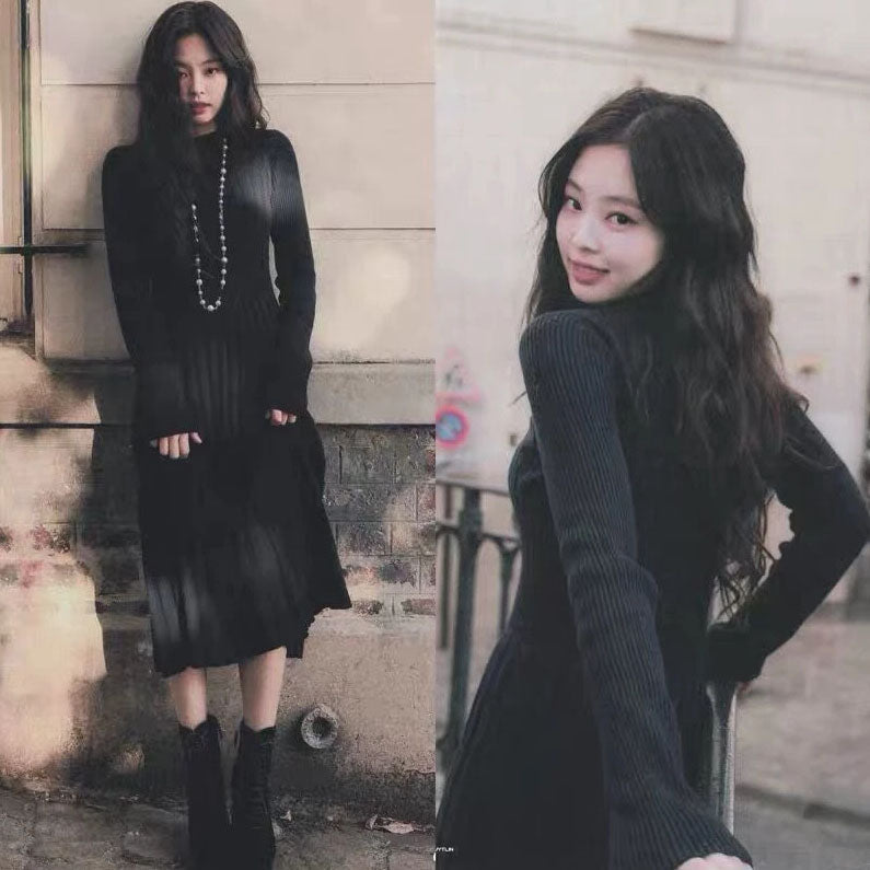 Black Chic Sweaters Dresses Blackpink Jennie Jenny Style Long Outfits Kpop Fashion Clothes Wedding Dinner Dating Party Clubber