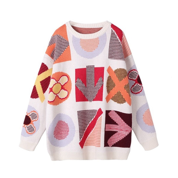 White Multi-Colored Blackpink Jenny Casual Abstract Sweaters Crew Neck