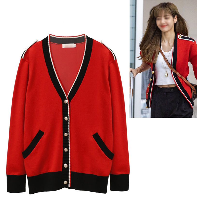 Red Napoleon Cardigans Womens V-Neck Blackpink Lisa Kpop Girl