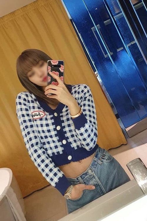 Blue Plaids Cropped Cardigans Womens V-Neck Blackpink Lisa Kpop Star