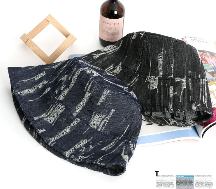 Blue Vintage Denim Drop Bucket Hats Distressed Ripped Washed Korean