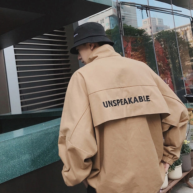 Beige UNSPEAKABLE Graphic Jackets Mens Streetwear Tops Kpop Fashion