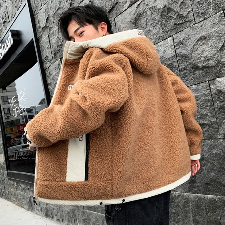 Beige YEEMEST Shearling Hoodies Mens Streetwear Hooded Jackets Zipup