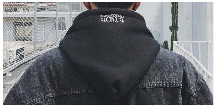 Black Denim Detachable Hooded Jackets Mens Vintage Kpop Streetwear Guy