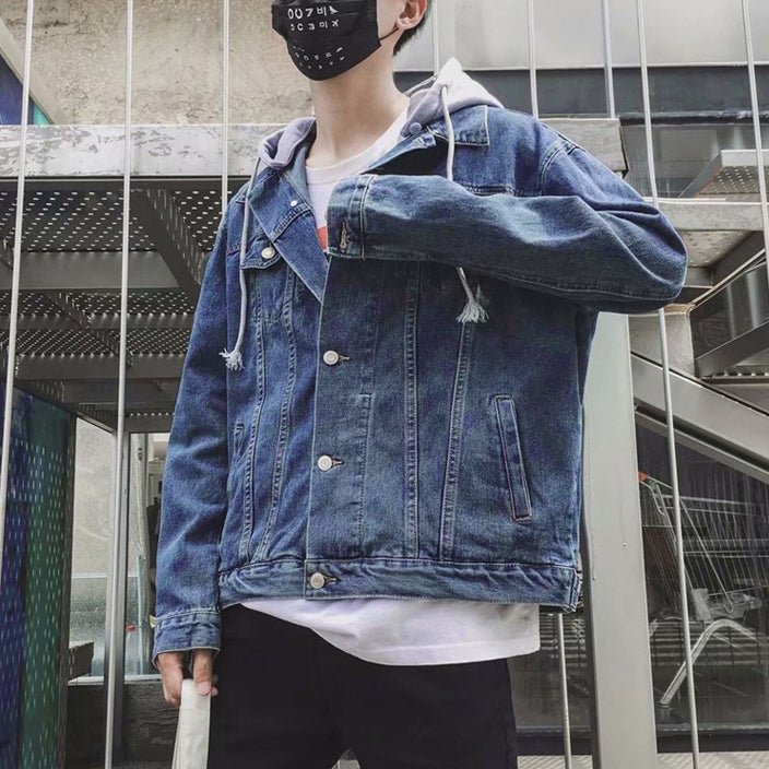 Blue Denim Detachable Hooded Jackets Mens Vintage Kpop Streetwear Guy