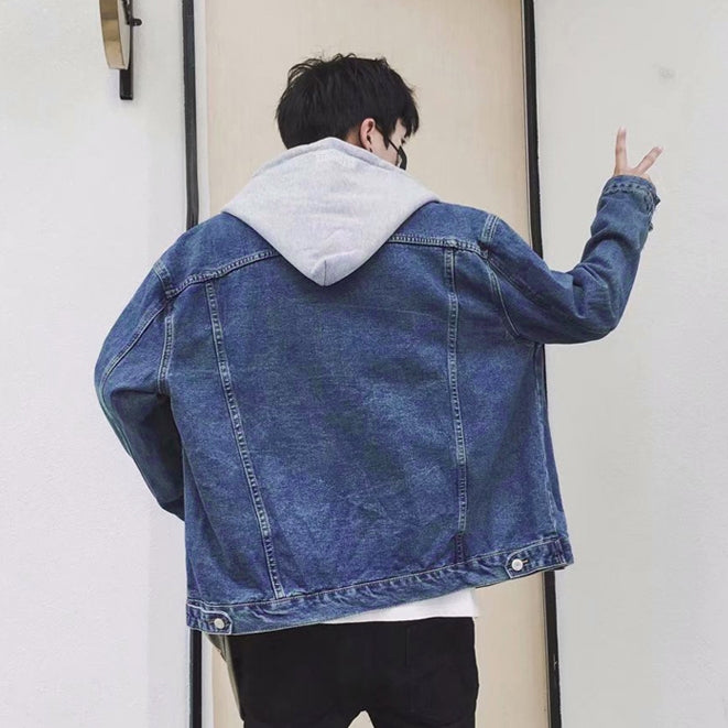 Blue Denim Detachable Hooded Jackets Mens Vintage Kpop Streetwear Guy