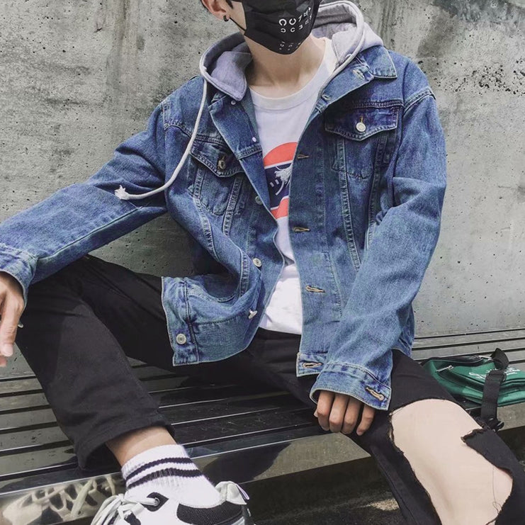 Blue Denim Detachable Hooded Jackets Mens Vintage Kpop Streetwear Guy