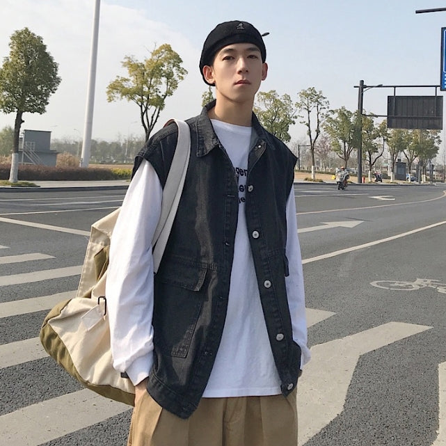 Black Denim Vests Waistcoats Mens Vintage Kpop Casual Streetwear Outer