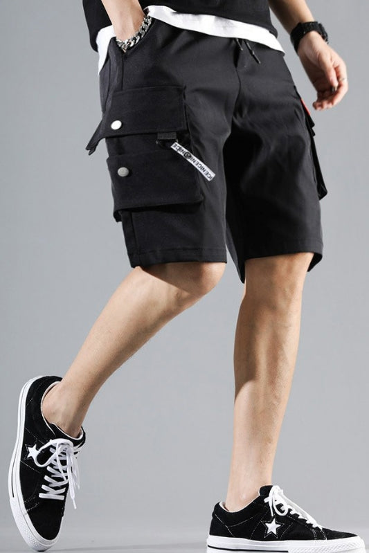 Black Waistband Mens Cargo Shorts Casual Streetwear Solid Pocket