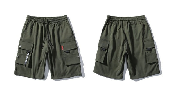 Khaki Green Waistband Mens Cargo Shorts Casual Streetwear Solid Pocket