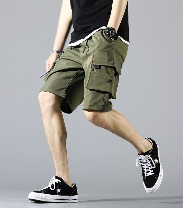 Khaki Green Waistband Mens Cargo Shorts Casual Streetwear Solid Pocket