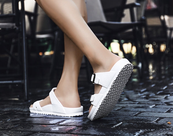 White Buckled Faux Leather Unisex Sandals Slippers Summer Shoes Street