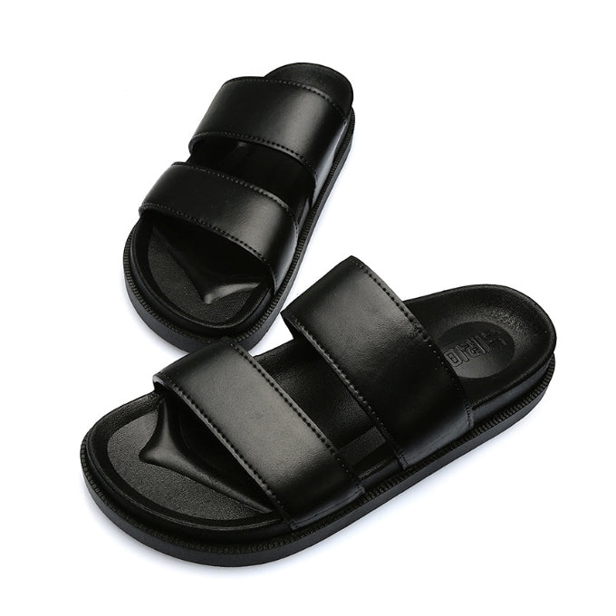 Black Faux Leather Unisex Sandals Slippers Summer Shoes Mens Womens