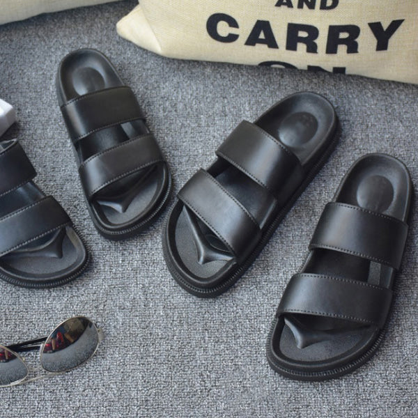 Black Faux Leather Unisex Sandals Slippers Summer Shoes Mens Womens