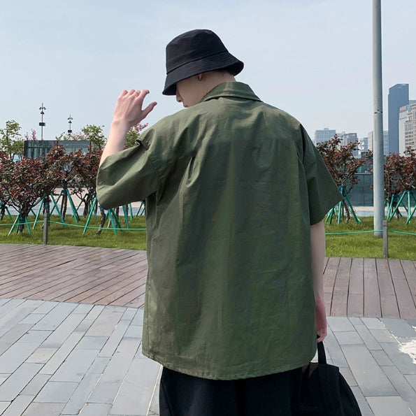 Khaki Solid Button Front Casual Shirts Mens Short Sleeved Military Guy