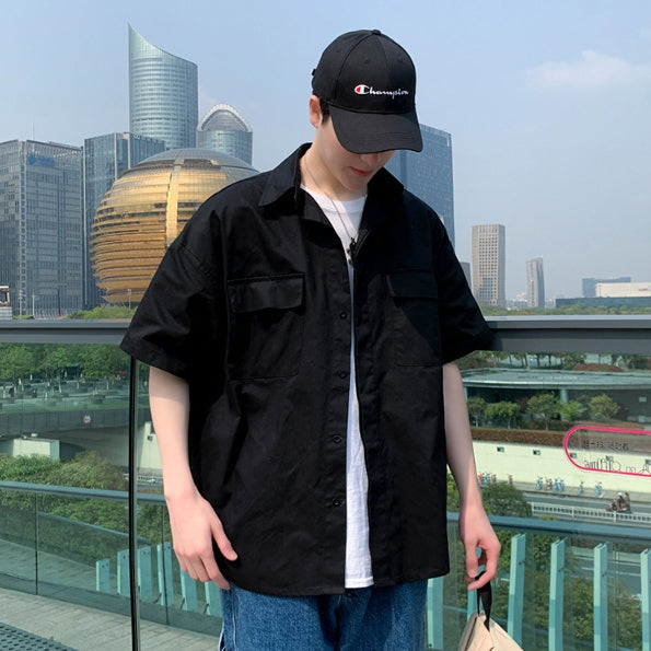 Black Solid Button Front Casual Shirts Mens Short Sleeved Military Guy