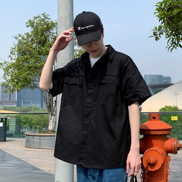 Black Solid Button Front Casual Shirts Mens Short Sleeved Military Guy