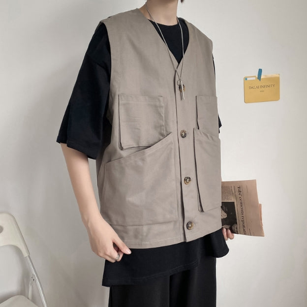 Gray Multi Pockets Waistcoats Casual Vests Mens Sleeveless Military