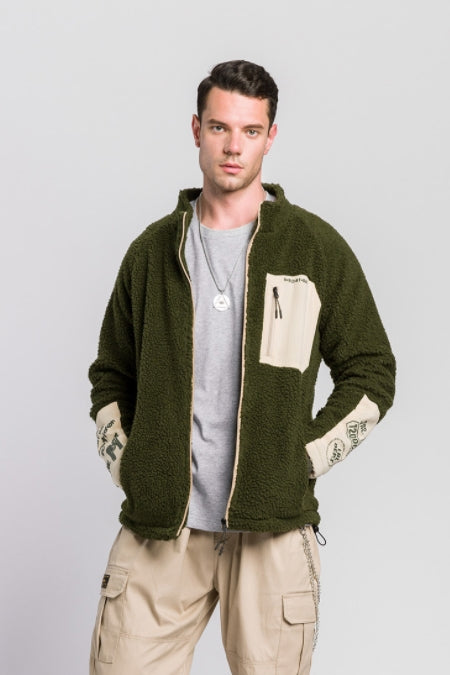 Khaki Green Shearling Mockneck Zipup Jackets For Men Streetwear Winter