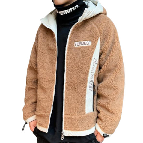 Beige YEEMEST Shearling Hoodies Mens Streetwear Hooded Jackets Winter