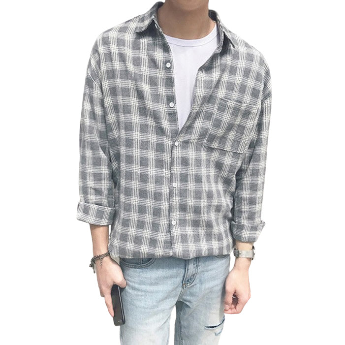 Gray Plaids Checkered Button Front Casual Shirts Mens Long Sleeved Tops