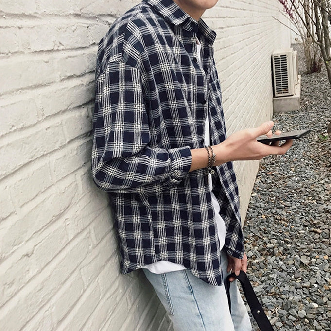 Navyblue Plaids Checkered Button Front Casual Shirts Mens Long Sleeved