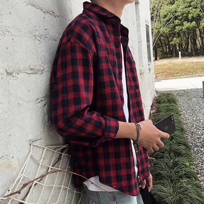 Red Plaids Checkered Button Front Casual Shirts Mens Long Sleeved