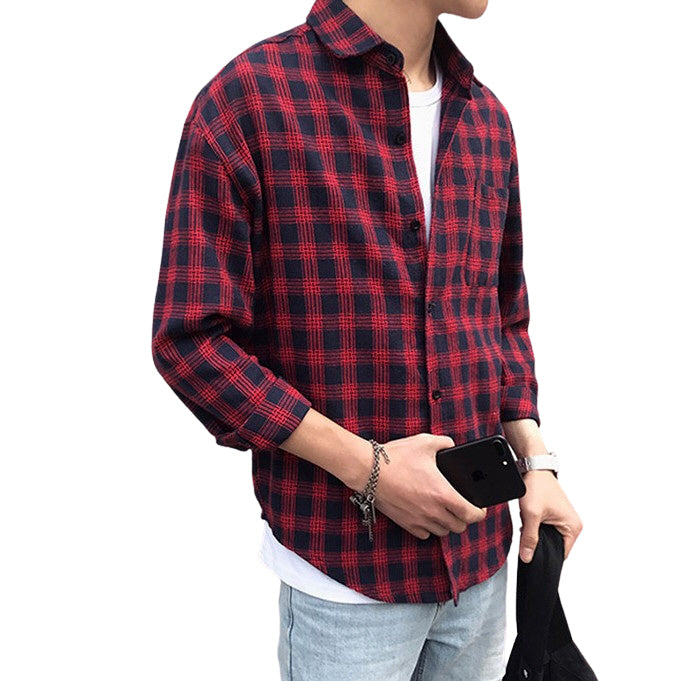 Red Plaids Checkered Button Front Casual Shirts Mens Long Sleeved