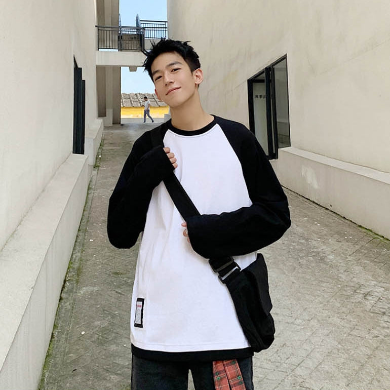 Black And White Baseball Crewneck Raglan Long Sleeved Tshirts Tees Top