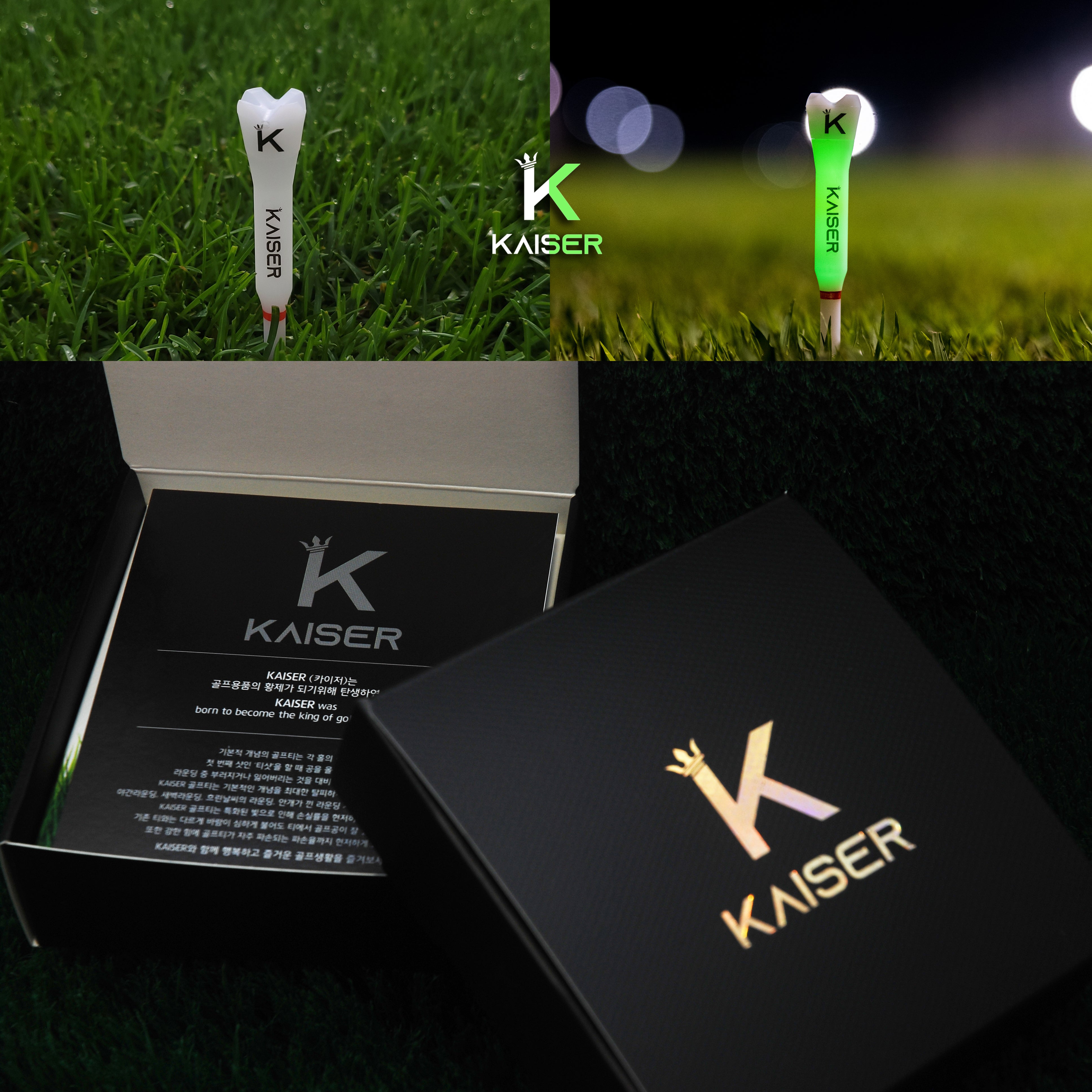 KAISER T1 Golf Tees Day Night Gifts Accessory Sets/ Long 1pcs+Short 1pcs/ distance increase luminous anti-slicing Height fix Holders Glow in Dark Light up Flashing Made in Korea
