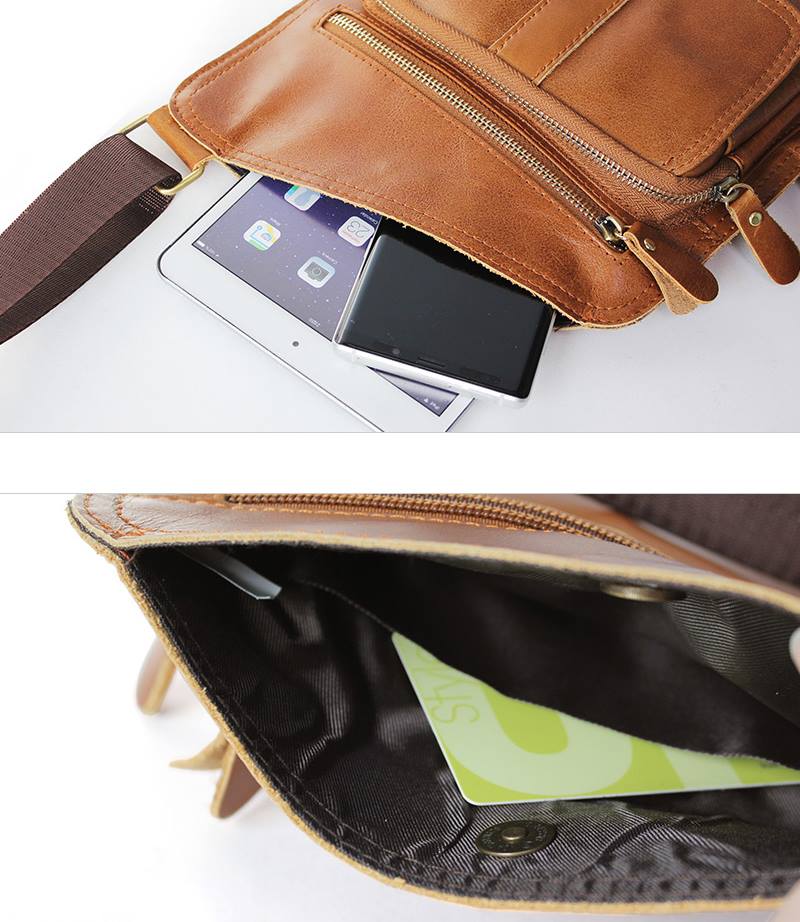 Brown Genuine Cowhide Leather Sling Bags Messengers Travel Backpacks