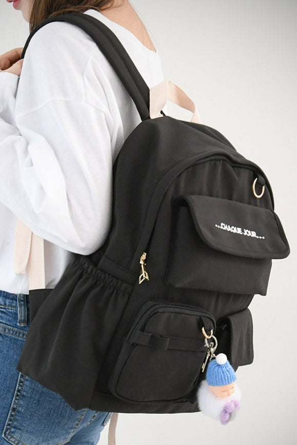 Black Cotton Casual Backpacks Womens Girls School Bookbag Keychain New