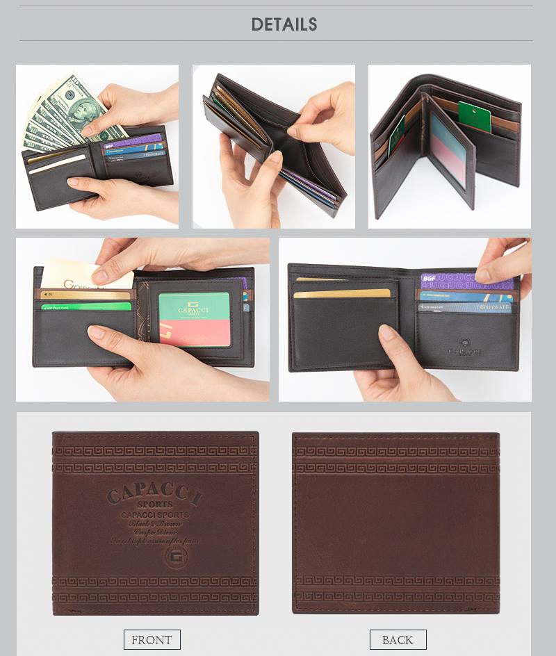 CAPACCI Brown Genuine Cowhide Leather Wallets Mens Foldable Purse card