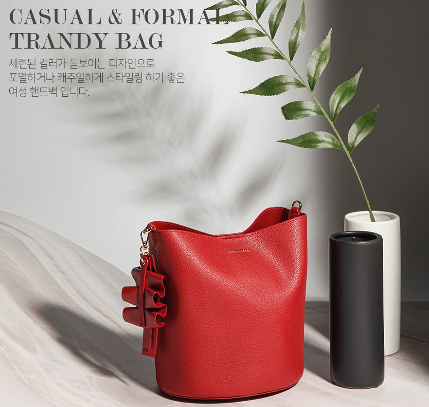 Red Ruffled Bucket Handbags Womens Faux Leather Crossbody Shoulder