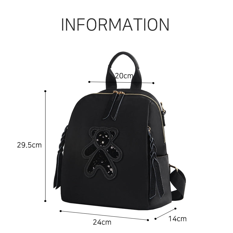 Black Spangle Teddy Bear Faux Leather Nylon Combi Backpacks Womens